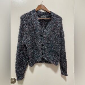 Chic Fuzzy metallic Black, gray and blue Cardigan